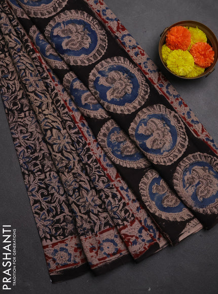 Kalamkari cotton saree black blue and maroon with allover block prints and printed border