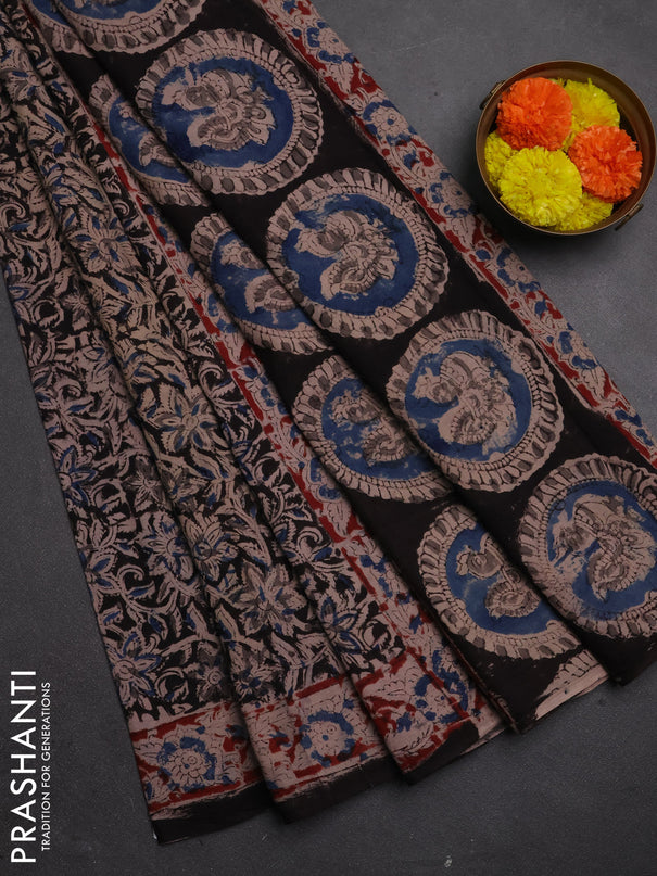 Kalamkari cotton saree black blue and maroon with allover block prints and printed border