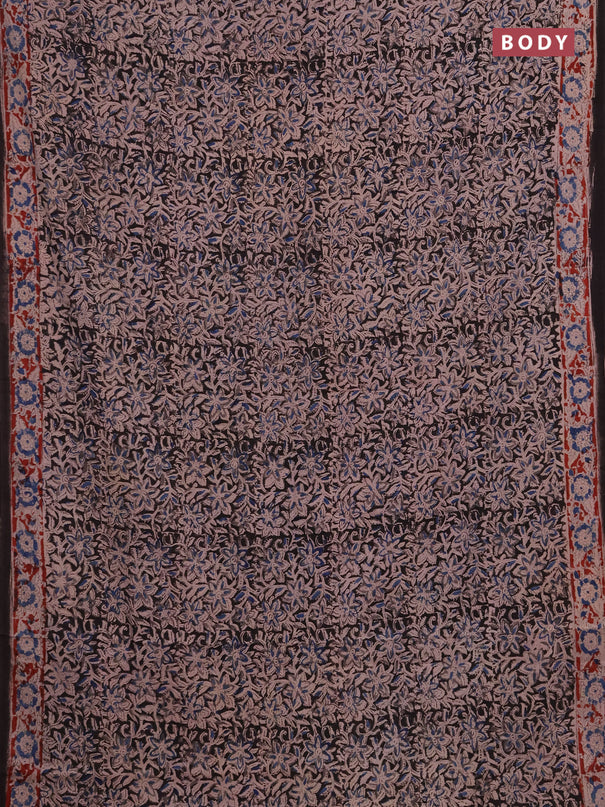Kalamkari cotton saree black blue and maroon with allover block prints and printed border