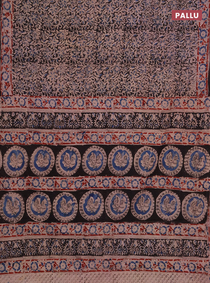 Kalamkari cotton saree black blue and maroon with allover block prints and printed border