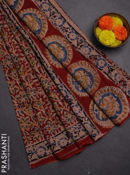 Kalamkari cotton saree maroon and black blue with allover block prints and printed border