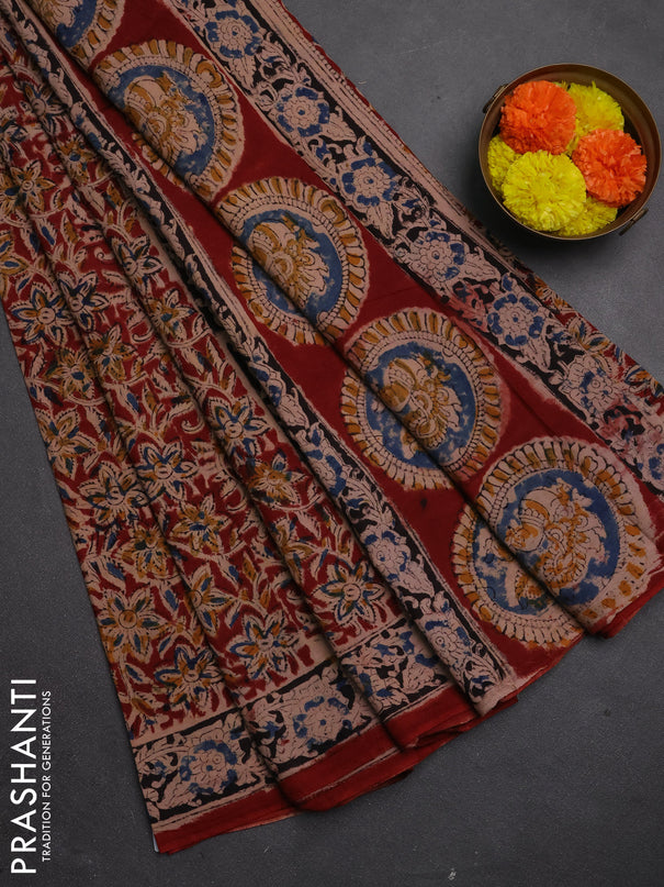Kalamkari cotton saree maroon and black blue with allover block prints and printed border