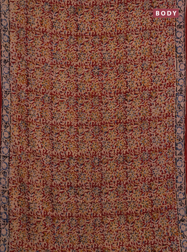 Kalamkari cotton saree maroon and black blue with allover block prints and printed border