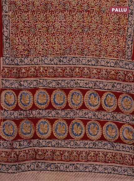 Kalamkari cotton saree maroon and black blue with allover block prints and printed border