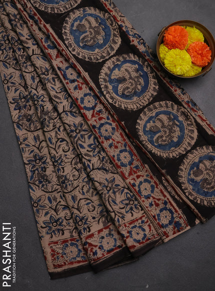 Kalamkari cotton saree beige blue and maroon with allover block prints and printed border