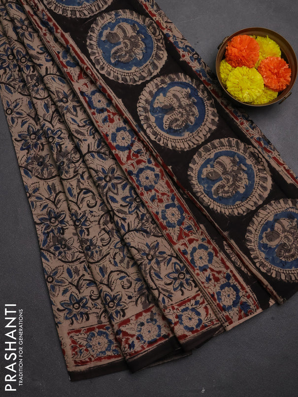 Kalamkari cotton saree beige blue and maroon with allover block prints and printed border