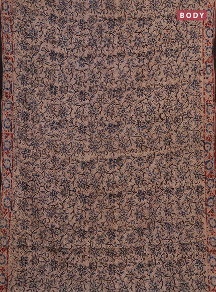 Kalamkari cotton saree beige blue and maroon with allover block prints and printed border