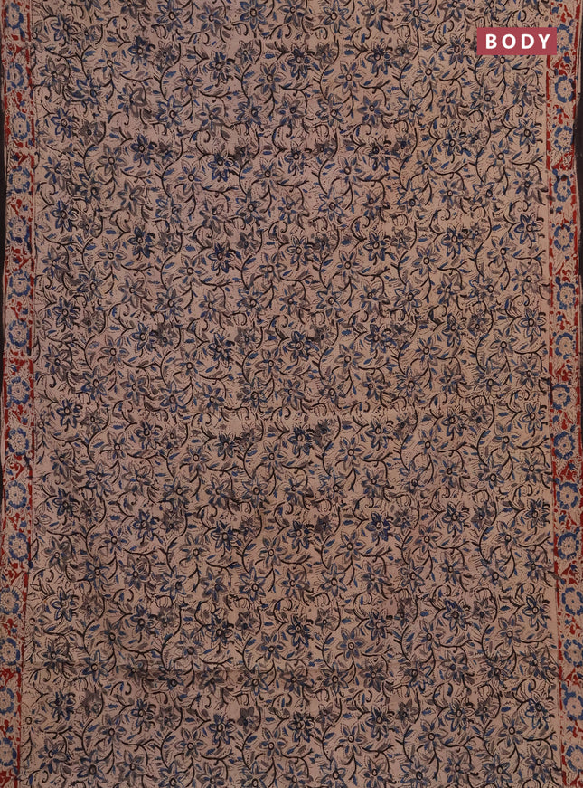 Kalamkari cotton saree beige blue and maroon with allover block prints and printed border