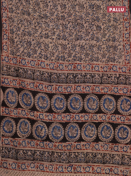 Kalamkari cotton saree beige blue and maroon with allover block prints and printed border