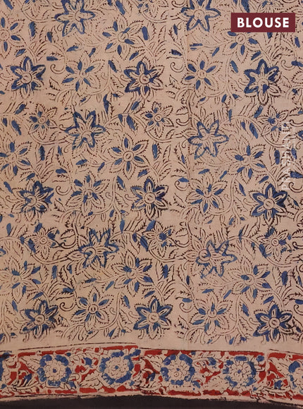 Kalamkari cotton saree beige blue and maroon with allover block prints and printed border