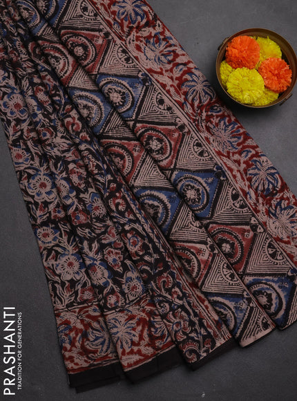Kalamkari cotton saree black and maroon with allover block prints and printed border