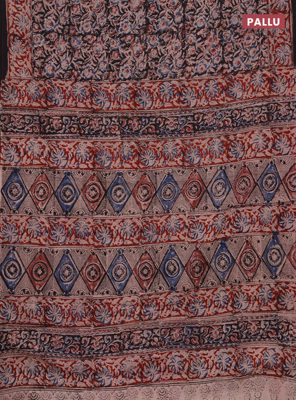 Kalamkari cotton saree black and maroon with allover block prints and printed border