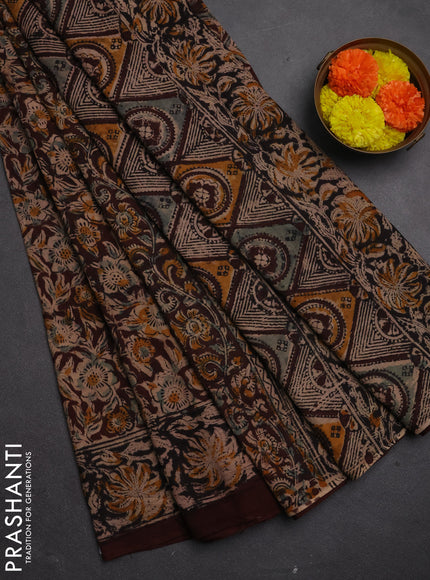 Kalamkari cotton saree coffee brown and maroon with allover block prints and printed border