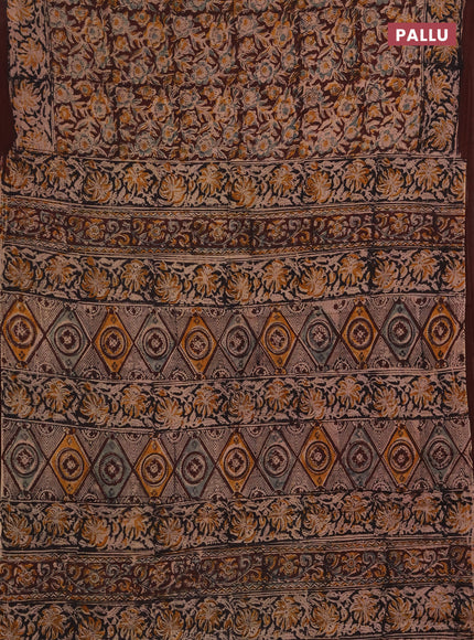 Kalamkari cotton saree coffee brown and maroon with allover block prints and printed border