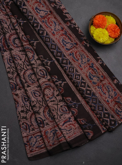 Kalamkari cotton saree beige black and maroon with allover block prints and printed border