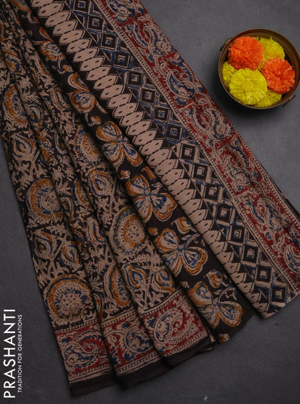 Kalamkari cotton saree black and maroon with allover block prints and printed border