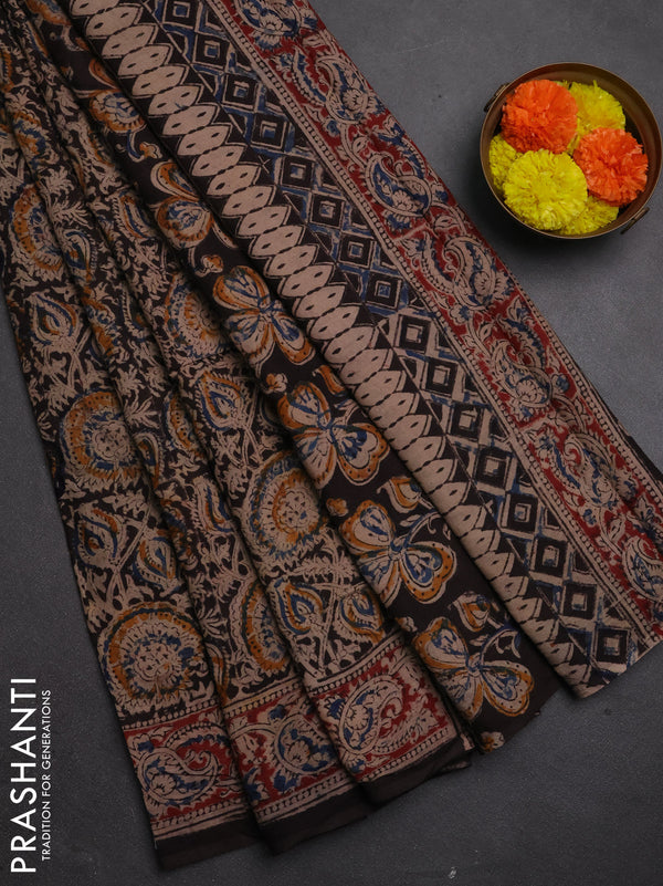 Kalamkari cotton saree black and maroon with allover block prints and printed border