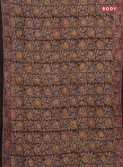 Kalamkari cotton saree black and maroon with allover block prints and printed border