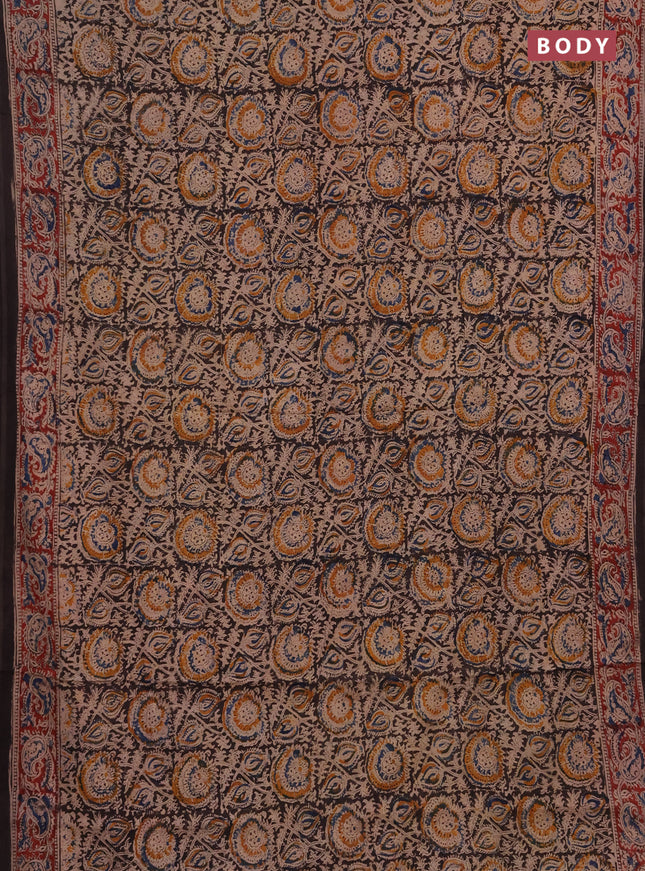 Kalamkari cotton saree black and maroon with allover block prints and printed border