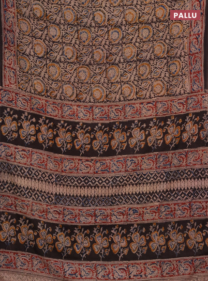 Kalamkari cotton saree black and maroon with allover block prints and printed border