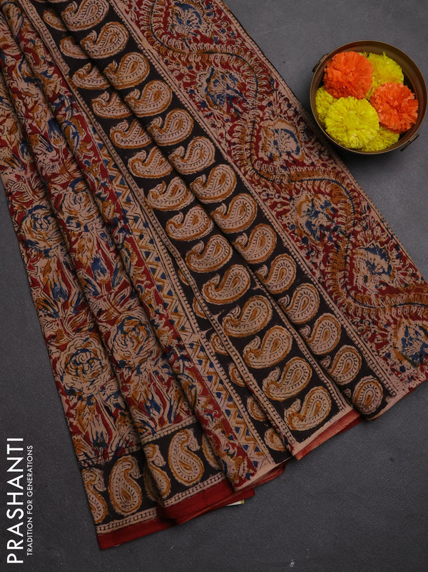 Kalamkari cotton saree maroon and black with allover block prints and printed border