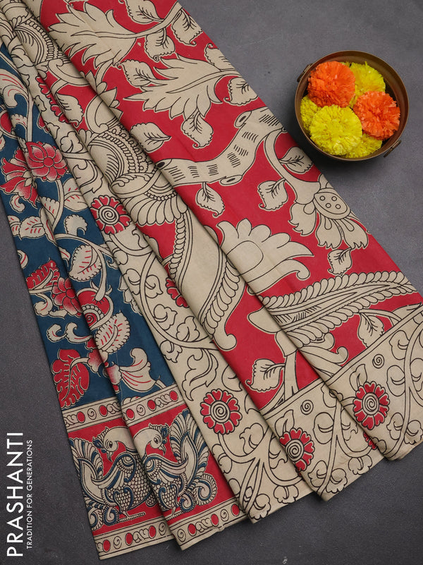 Kalamkari cotton saree peacock green and pink with allover prints and printed border