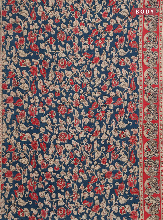 Kalamkari cotton saree peacock green and pink with allover prints and printed border