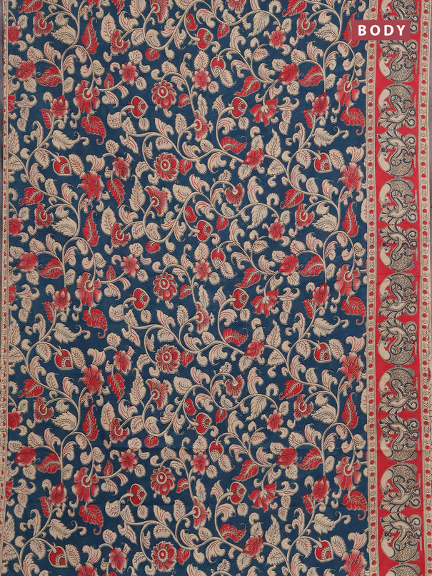 Kalamkari cotton saree peacock green and pink with allover prints and printed border