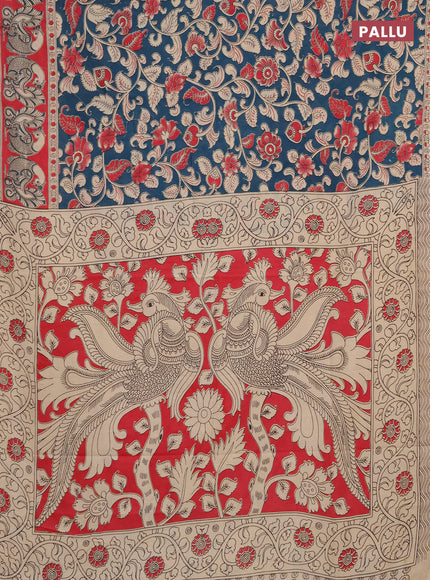 Kalamkari cotton saree peacock green and pink with allover prints and printed border