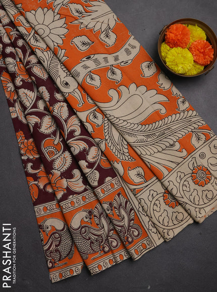 Kalamkari cotton saree deep maroon and orange with allover prints and printed border