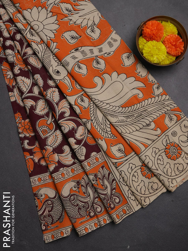 Kalamkari cotton saree deep maroon and orange with allover prints and printed border