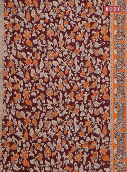 Kalamkari cotton saree deep maroon and orange with allover prints and printed border