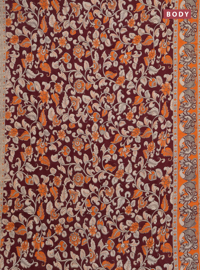 Kalamkari cotton saree deep maroon and orange with allover prints and printed border