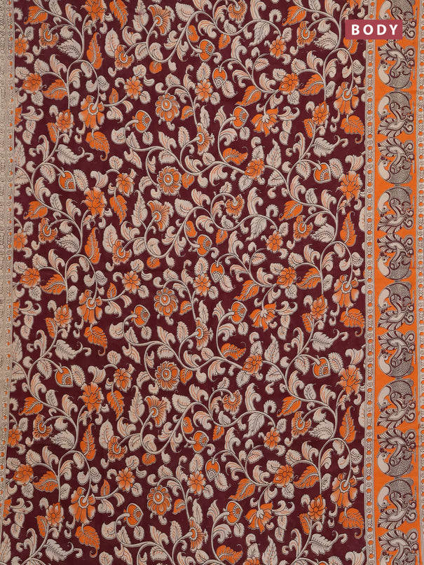 Kalamkari cotton saree deep maroon and orange with allover prints and printed border