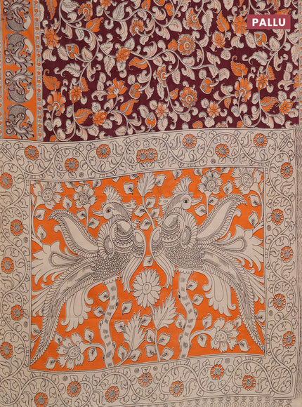 Kalamkari cotton saree deep maroon and orange with allover prints and printed border