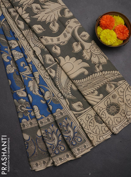 Kalamkari cotton saree cs blue and grey with allover prints and printed border