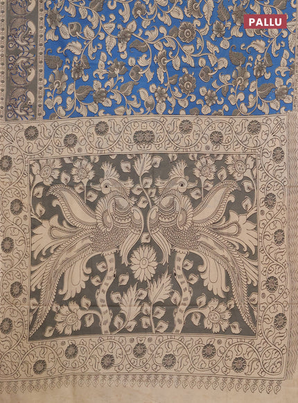 Kalamkari cotton saree cs blue and grey with allover prints and printed border