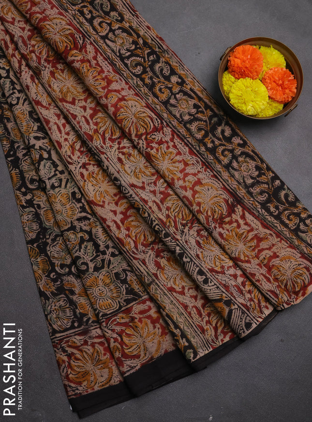 Kalamkari cotton saree black and maroon with allover block prints and printed border
