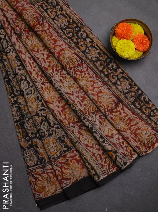 Kalamkari cotton saree black and maroon with allover block prints and printed border