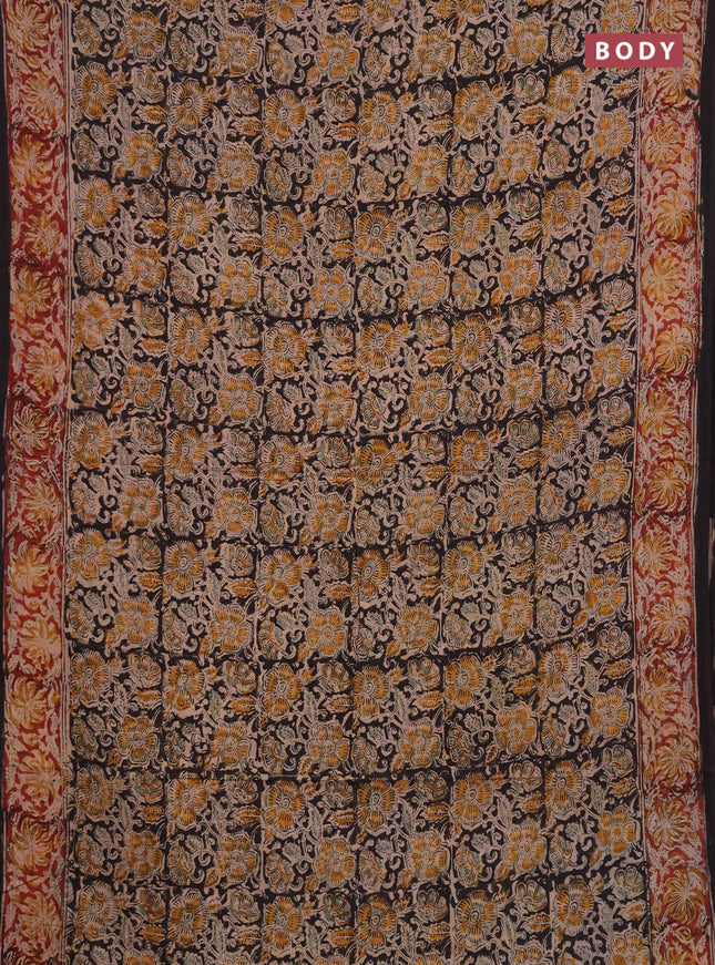 Kalamkari cotton saree black and maroon with allover block prints and printed border