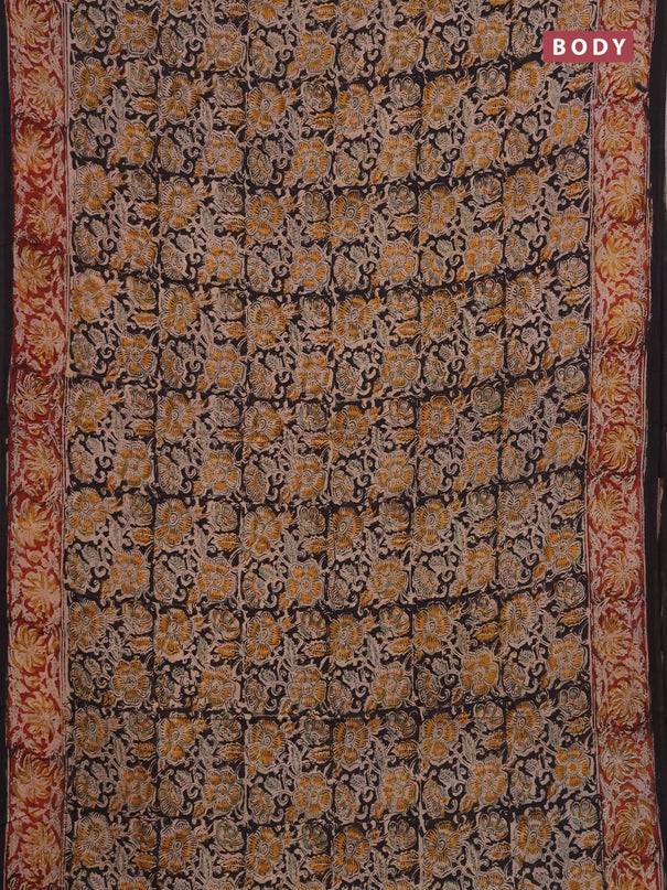 Kalamkari cotton saree black and maroon with allover block prints and printed border