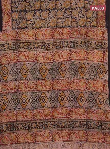 Kalamkari cotton saree black and maroon with allover block prints and printed border