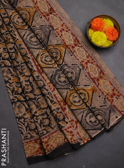 Kalamkari cotton saree black and maroon with allover block prints and printed border