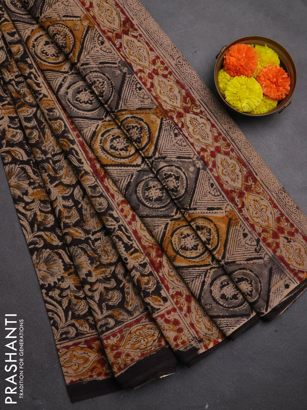 Kalamkari cotton saree black and maroon with allover block prints and printed border