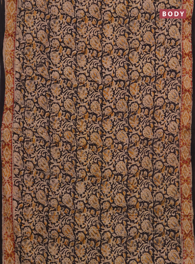 Kalamkari cotton saree black and maroon with allover block prints and printed border