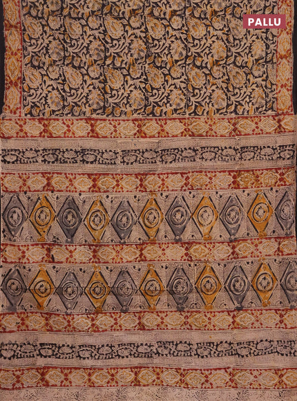 Kalamkari cotton saree black and maroon with allover block prints and printed border