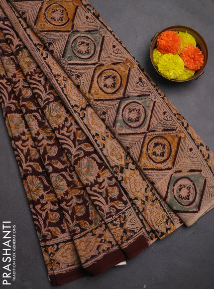 Kalamkari cotton saree coffee brown and black with allover block prints and printed border