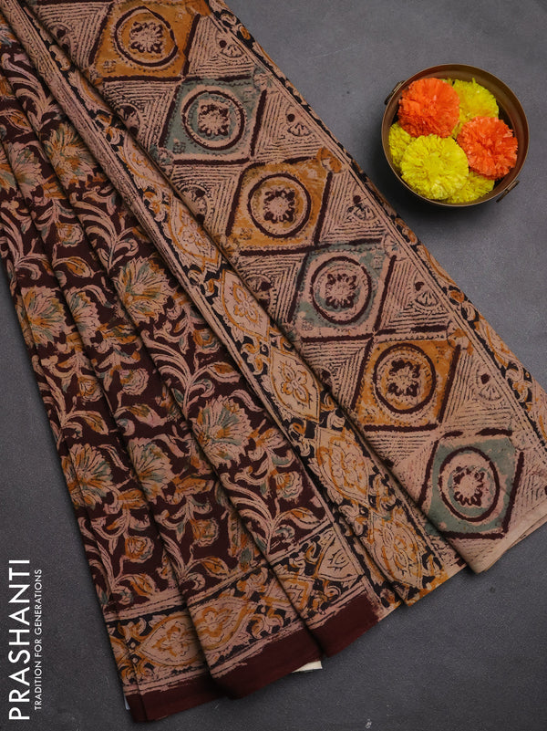 Kalamkari cotton saree coffee brown and black with allover block prints and printed border