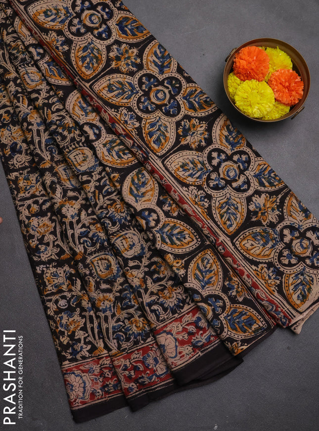 Kalamkari cotton saree black and maroon with allover block prints and printed border
