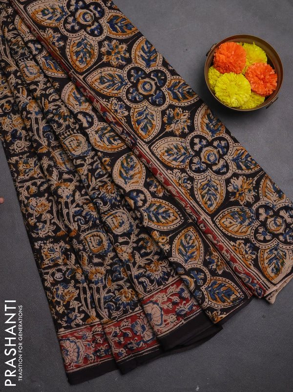 Kalamkari cotton saree black and maroon with allover block prints and printed border